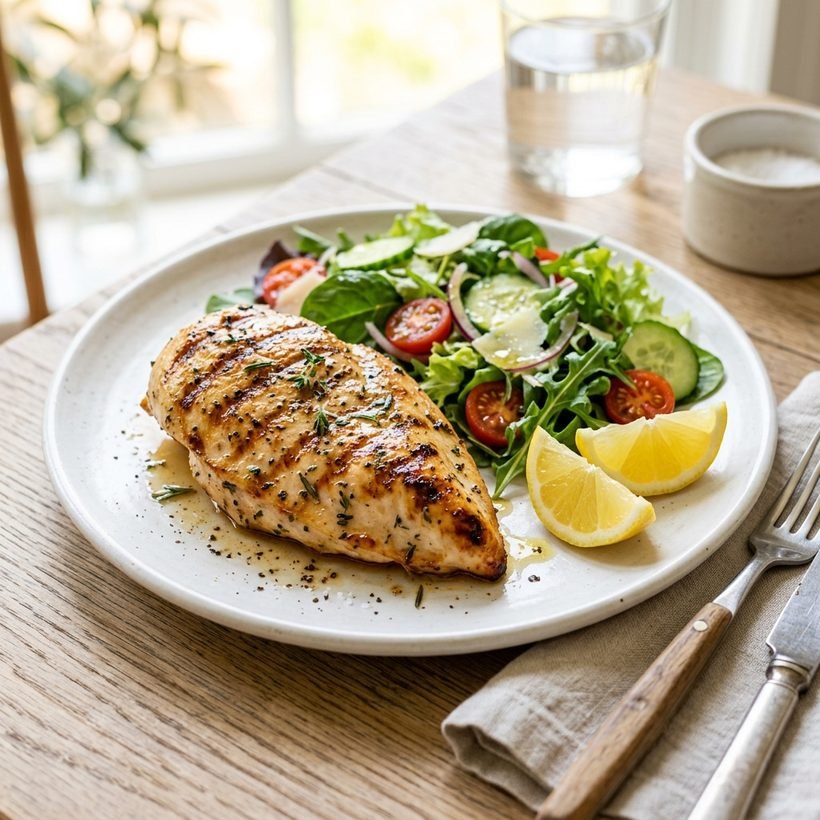 Frango grelhado com salada feito em casa